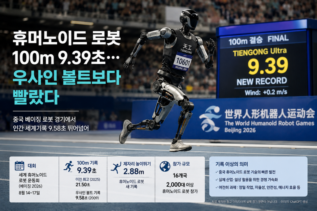 휴머노이드 로봇 100m 9.39초 기록과 중국 베이징 로봇 경기를 표현한 AI 참고 이미지