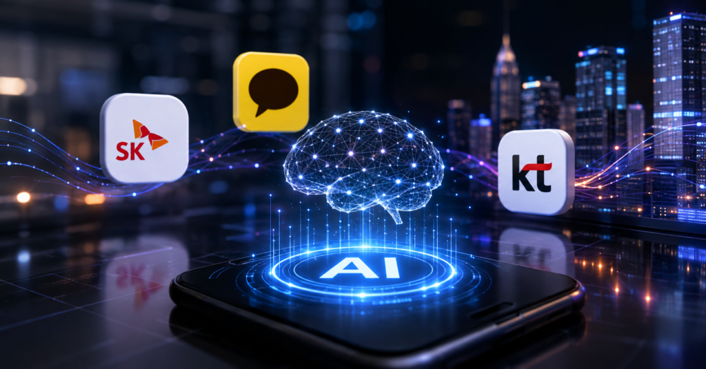 모두의 AI 서비스를 상징하는 스마트폰과 AI 네트워크, SKT·카카오·KT의 디지털 서비스 연결을 표현한 AI 생성 이미지