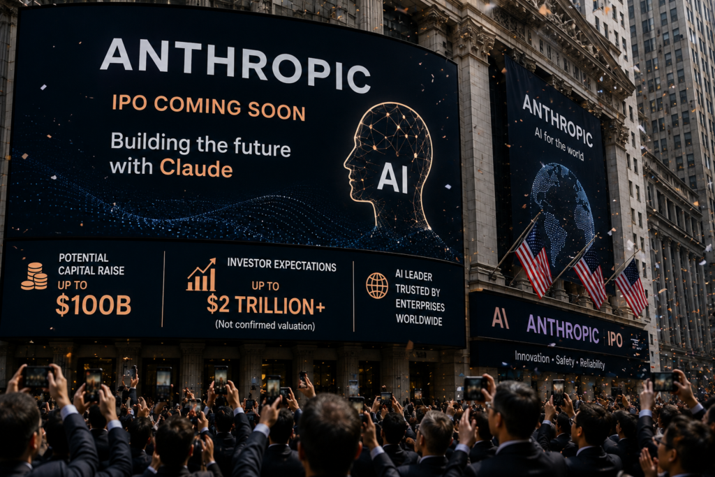 Anthropic IPO와 초대형 AI 기업 상장을 상징하는 미국 금융가와 인공지능 기술 분위기의 AI 생성 이미지