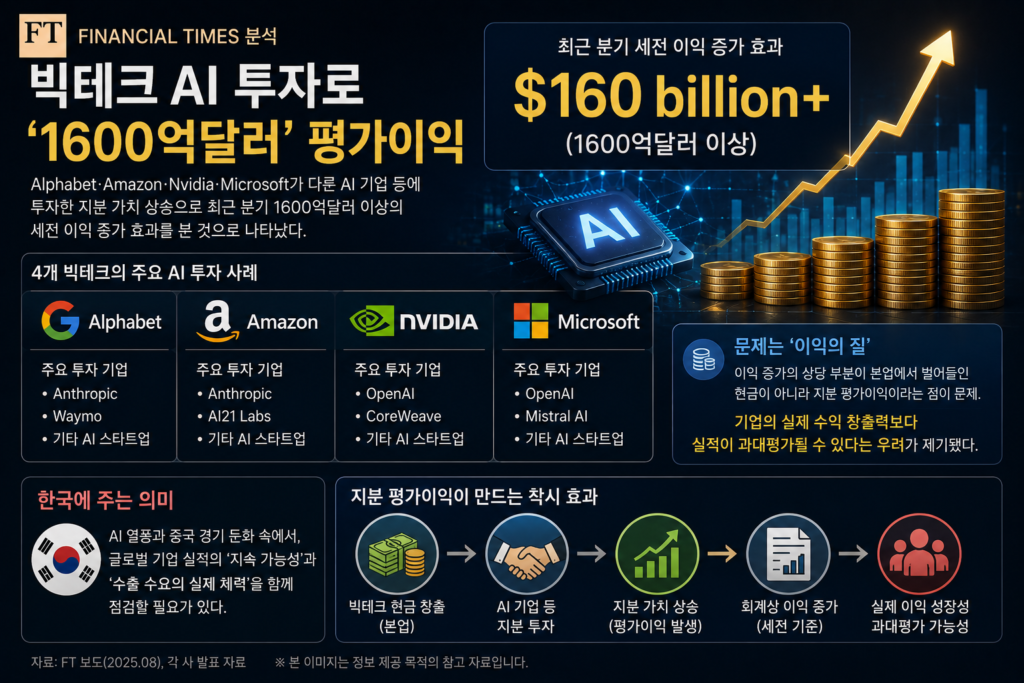 빅테크 AI 투자 평가이익Alphabet·Amazon·Nvidia·Microsoft의 AI 투자와 1600억달러 이상 평가이익 증가 효과를 상징하는 AI·금융 이미지