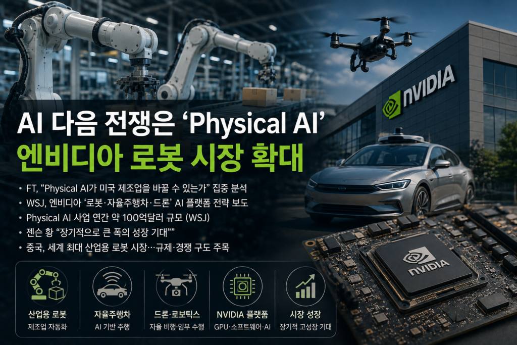 Physical AI를 기반으로 산업용 로봇, 자율주행차, 드론과 AI 반도체 시장을 확대하는 엔비디아 전략을 표현한 AI 생성 이미지