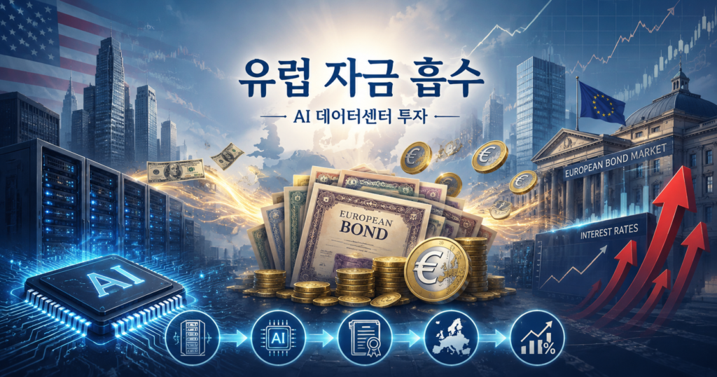 AI 투자 유럽 회사채 시장이 커지고 있습니다. 미국 빅테크의 400억유로 채권, 신규 발행 10%, 보유 증가분 15%와 유럽 금리 크라우딩 아웃 위험을 분석 이미지입니다.