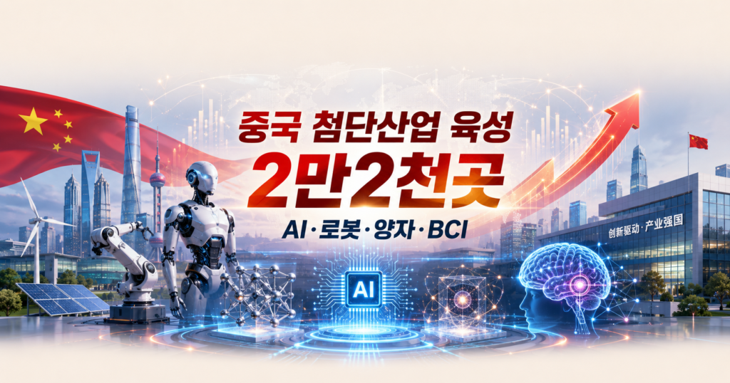 중국 작은 거인 2만2천곳 육성 계획,중국 국기와 첨단 도시 배경 위에 로봇, AI 칩, 양자기술, 뇌-컴퓨터 인터페이스 그래픽을 배치해 중국이 2030년까지 AI·로봇·양자·BCI 등 첨단산업 분야의 Little Giants 기업 2만2천곳을 육성하겠다는 계획을 표현한 대표이미지